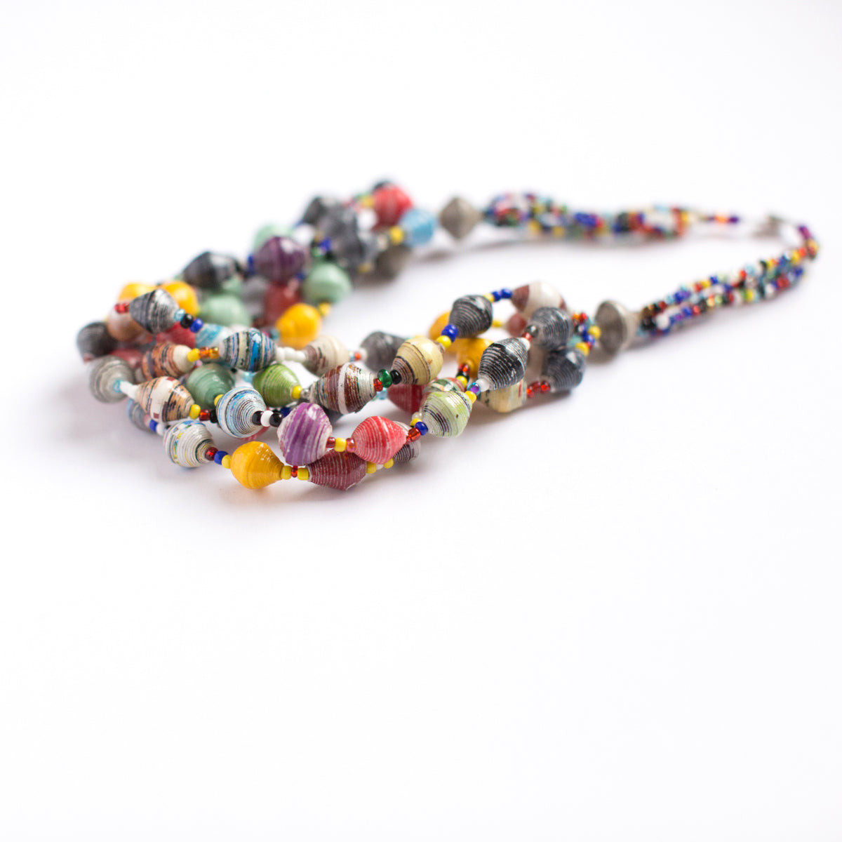 JustOne's multicoloured beaded necklace handmade in Uganda